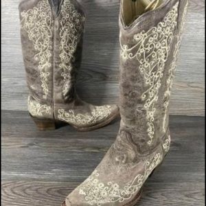 Corral Vintage A1094 Grey Leather Floral Embroidered Womens Cowgirl Boots sz 6M